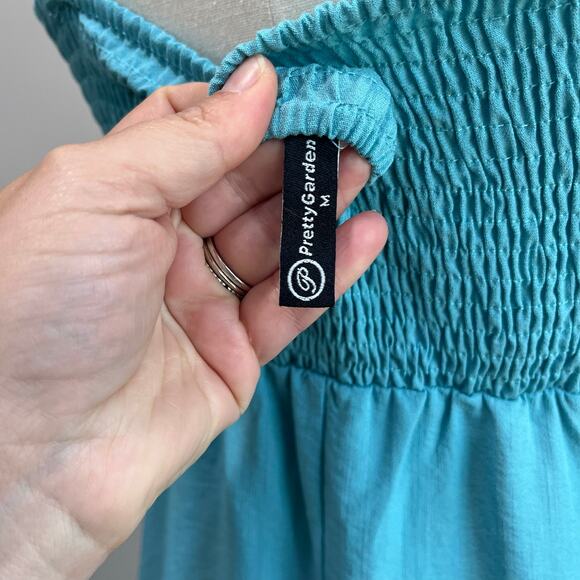 PrettyGarden Blue White Maxi Dress Smocked Back W/ Pockets Size M - Picture 7 of 9